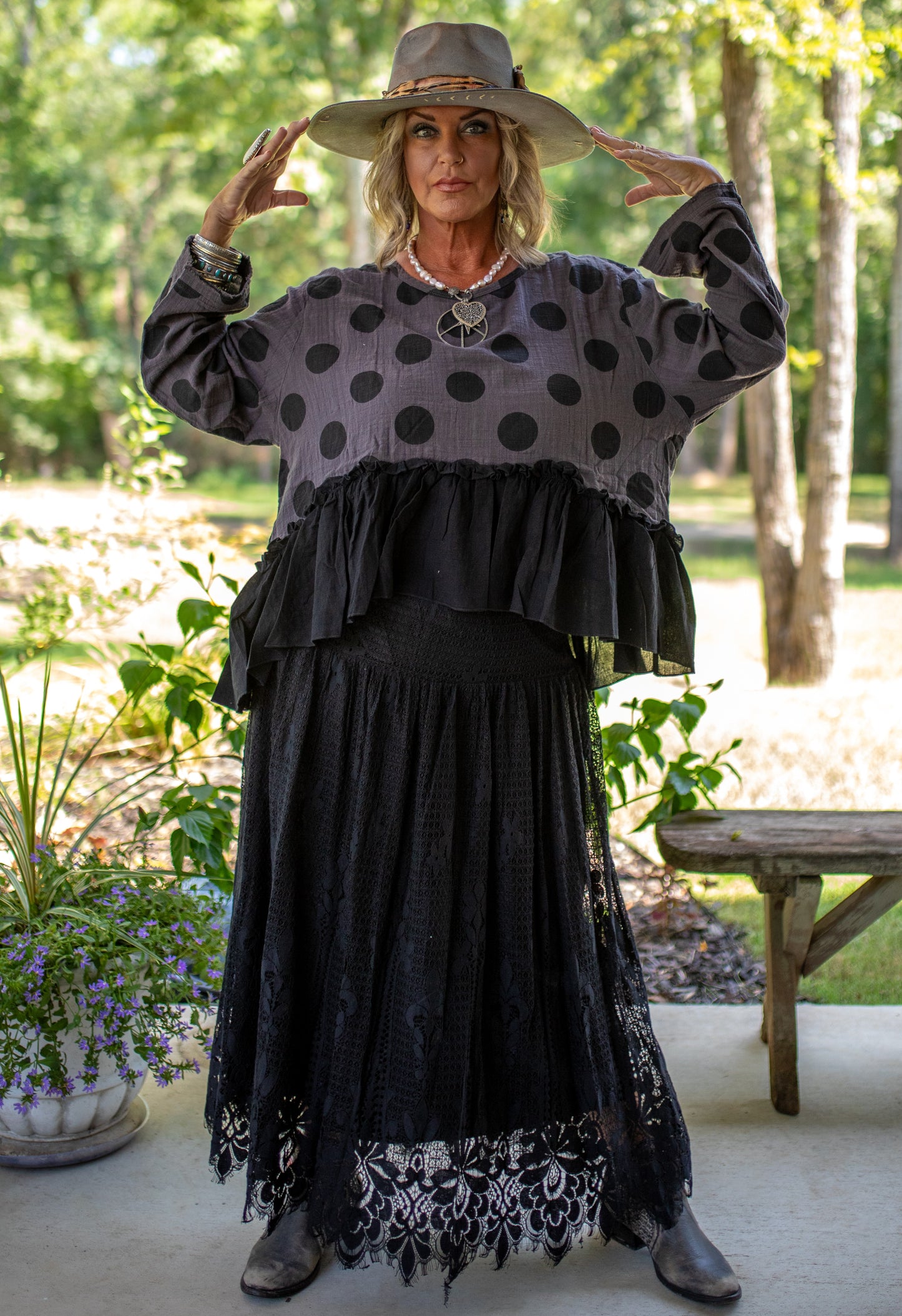No Looking Back Top - Charcoal Dot
