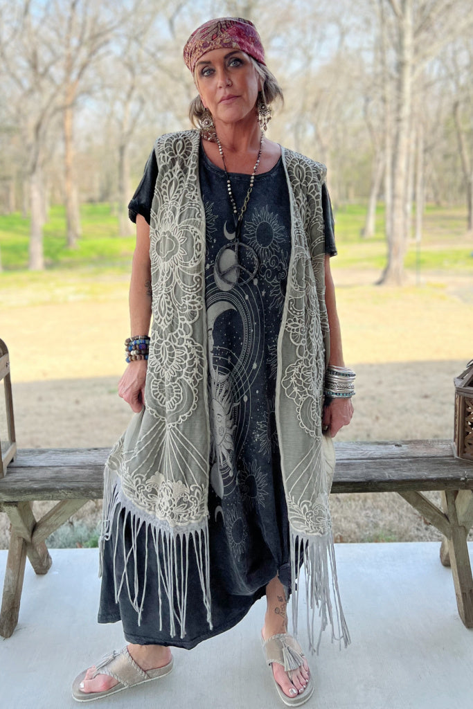 Garden Bliss Fringe Vest - Vintage Stone