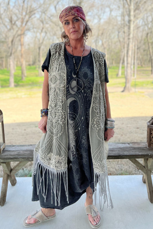 Garden Bliss Fringe Vest - Vintage Stone