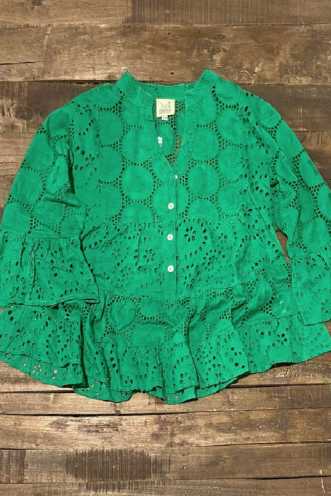 New Day Dawning Eyelet Top - Kelly Green